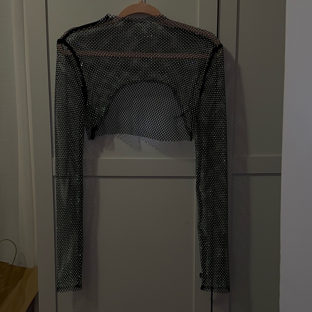 Black mesh long sleeve top with diamante detail